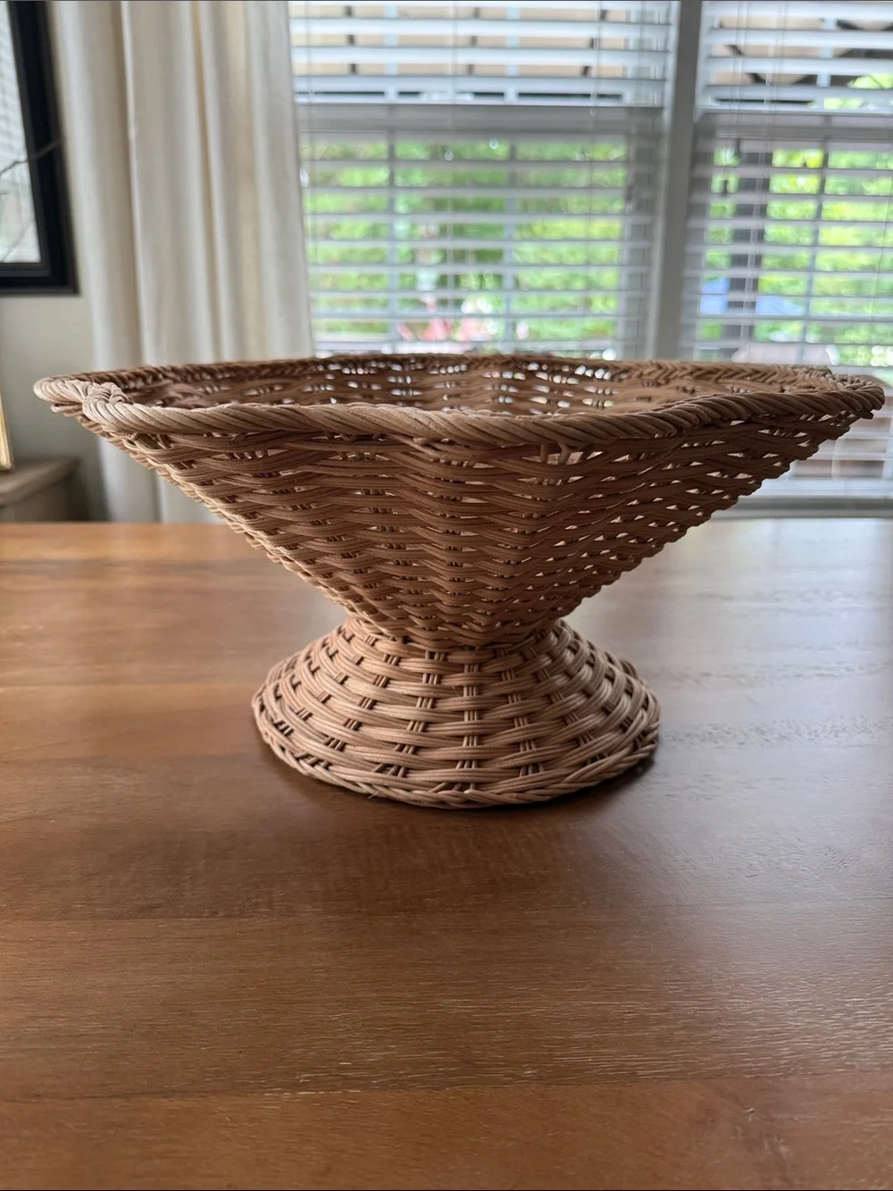TUDIO MCGEE FOR THRESHOLD WOVEN WICKER PEDALSTAL BOWL, WAVY RIM DIAM 15”X 7 ¼ “
